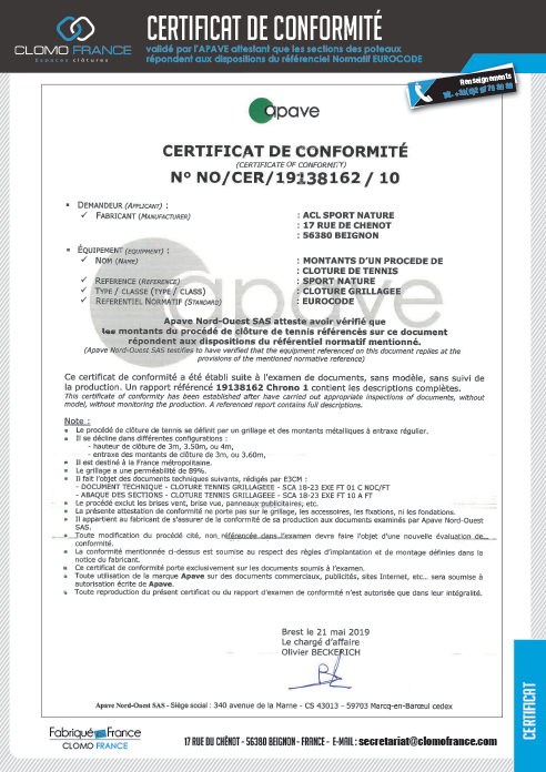 certificat de confirmité